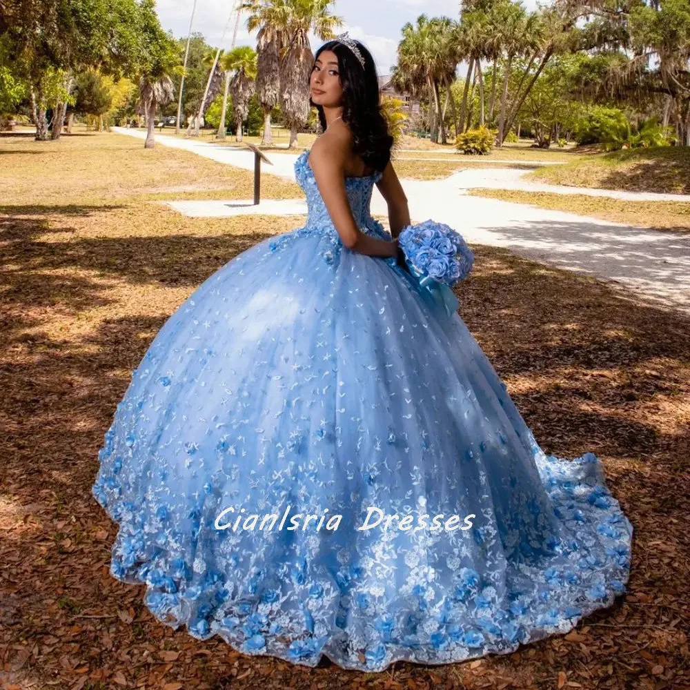 أزرق فاتح بلا أكمام مشد فساتين Quinceanera الكرة ثوب ثلاثية الأبعاد الزهور يزين الدانتيل الحلو 16 Vestidos De 15 Años