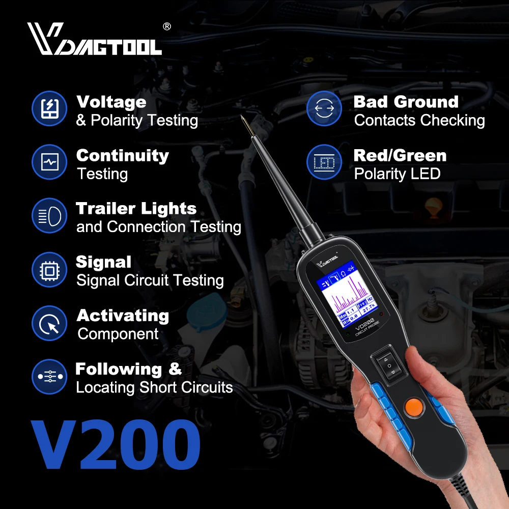 VDIAGTOOL V200 6V-30V Circuit Tester Build-in Flashlight Power Probe Relay Tester 20FT Extension Cable Automotive Current Tester