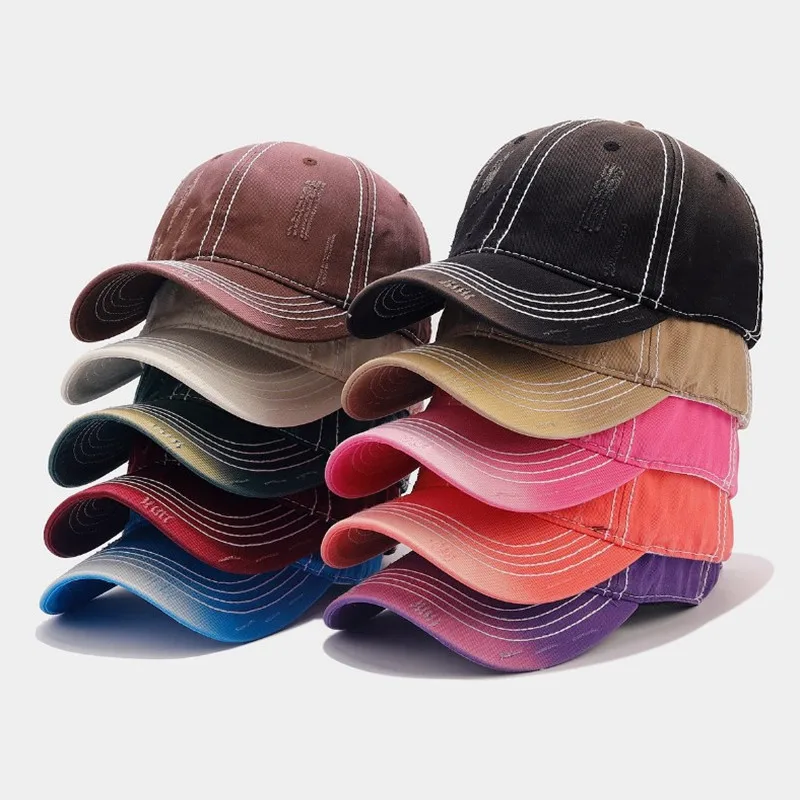 

New Gradient Color Baseball Hat Outdoor Sun Shade Washed Cotton Peaked Cap Women Casual Snapback Hat Men Worn Hole Trucker Cap