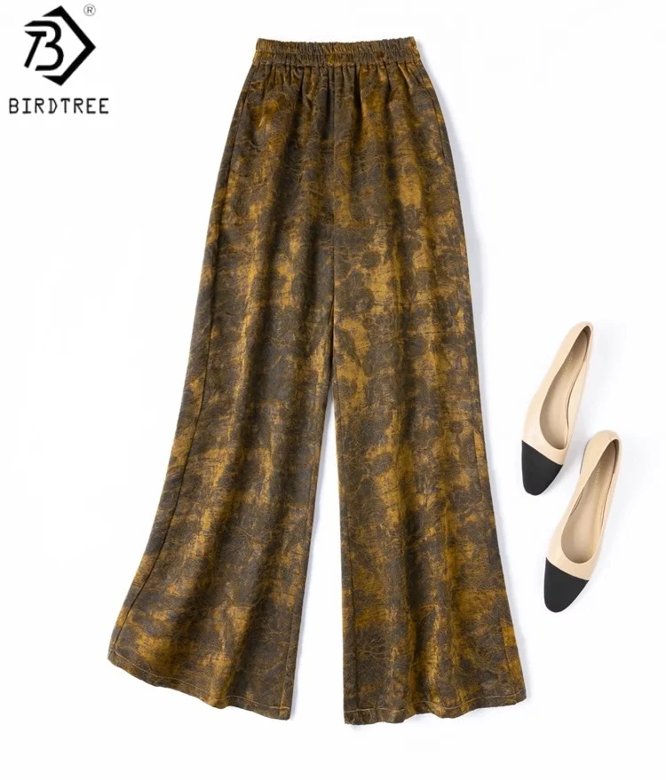 

Birdtree 45MM 79% Mulberry Silk 21% Nylon Pants,Women Elastic Waist Loose Golden Color Wide Leg Pants, 2025 New P57141JF