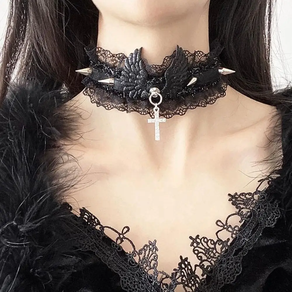 Gothic Black White Lace Lolita Collar Crystal Cross Pendant Angel Wings Rivet Choker Necklace for Women Egirl Y2K Jewelry Gifts