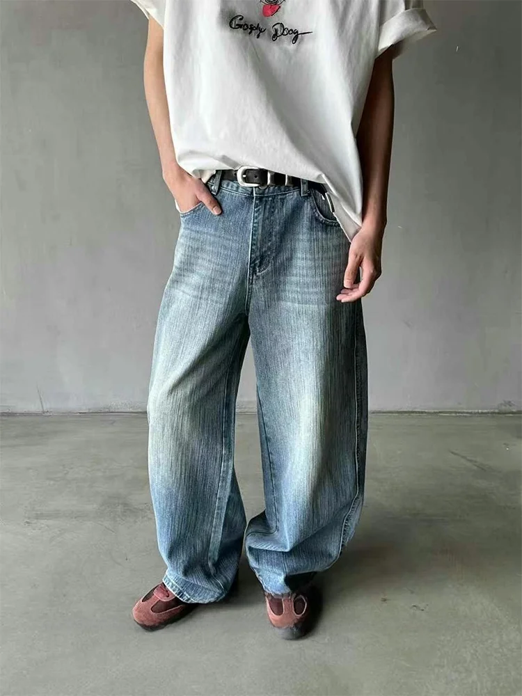 

American Style Vintage Washed Distressed Bamboo Pattern Men's Loose Straight Leg Wide Leg Banana Jeans Casual Wear