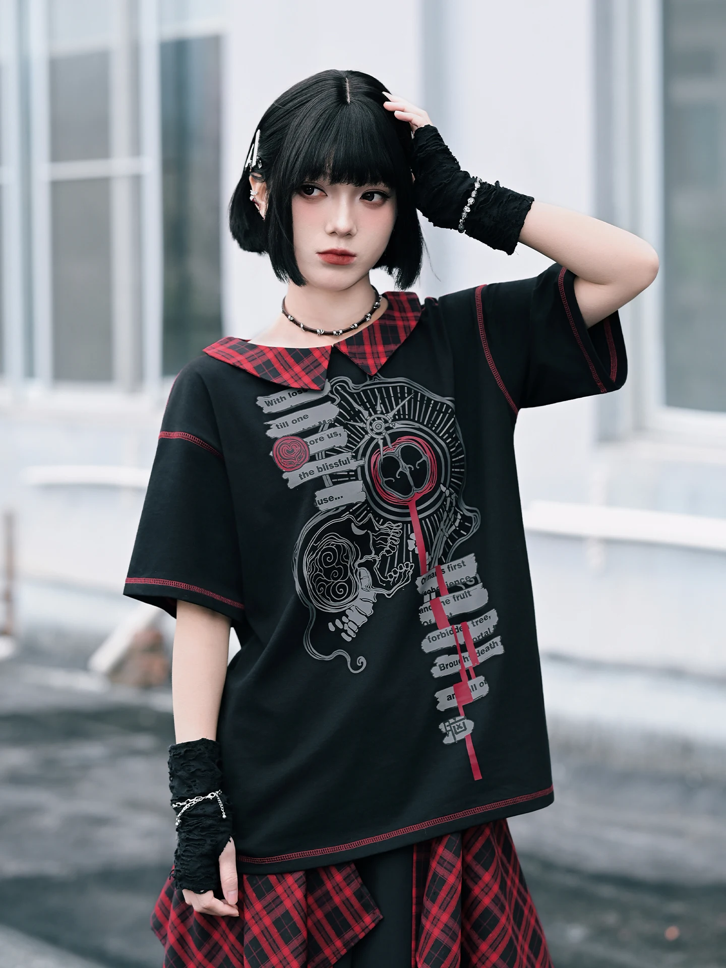 Dark Sweet Cool Contrast Color Collar T-Shirt Women's Short Sleeve Print Y2K Top Fake Two-Piece Garden Style Cotton Blend
