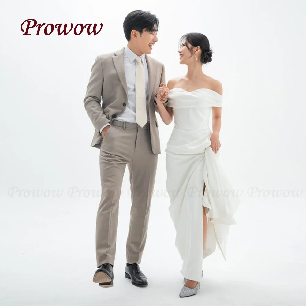 

Prowow Simple Off the Shoulder Wedding Dress Korea Photo Shoot Floor Length Ivory White Bridal Gown Pleats Silk Satin Customized