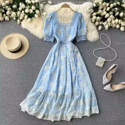 High Quality Summer Sweet Soft Girl A Line Dress Lace Embroidery Button Decor Party Dresses Casual Street  Vestidos Midi Dress