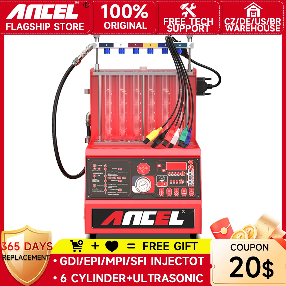 ANCEL AJ600 GDI Piezo 220V Fuel Injector Cleaner Tester for Gasoline Injector Washing Stand Car 6 Cylinders Fuel System Cleaner