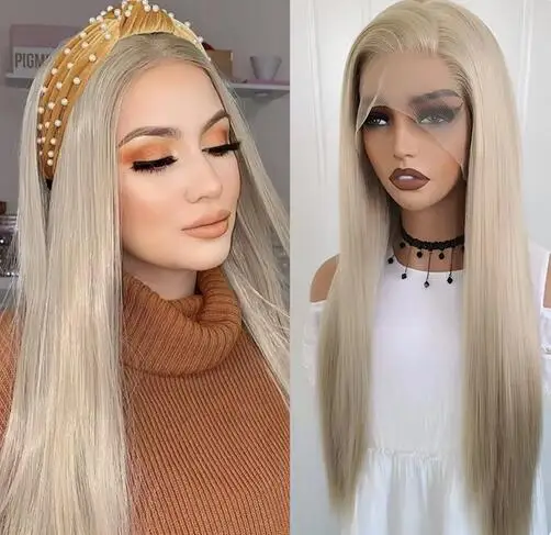 Blonde Long Straight Synthetic Lace Wigs For Women Ash Blonde Synthetic Hair Silky Straight Front Lace Wig Glueless Cosplay Wigs