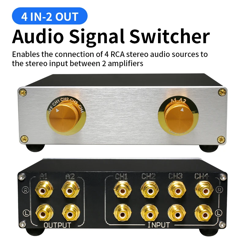 Conmutador de Audio Pasivo 4 Entradas 2 Salidas, Selector de Señal RCA Estéreo HiFi, Conmutador de Fuente de 4 Canales de Entrada y 2 Salidas para Amplificador de Cine en Casa