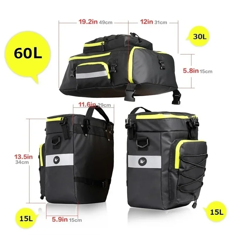 60L 3 In 1 Mountain Road Bicycle Waterproof Trunk Bags Cycling Double Side Rear Rack Tail Seat Pannier Pack Luggage Carrier Bags