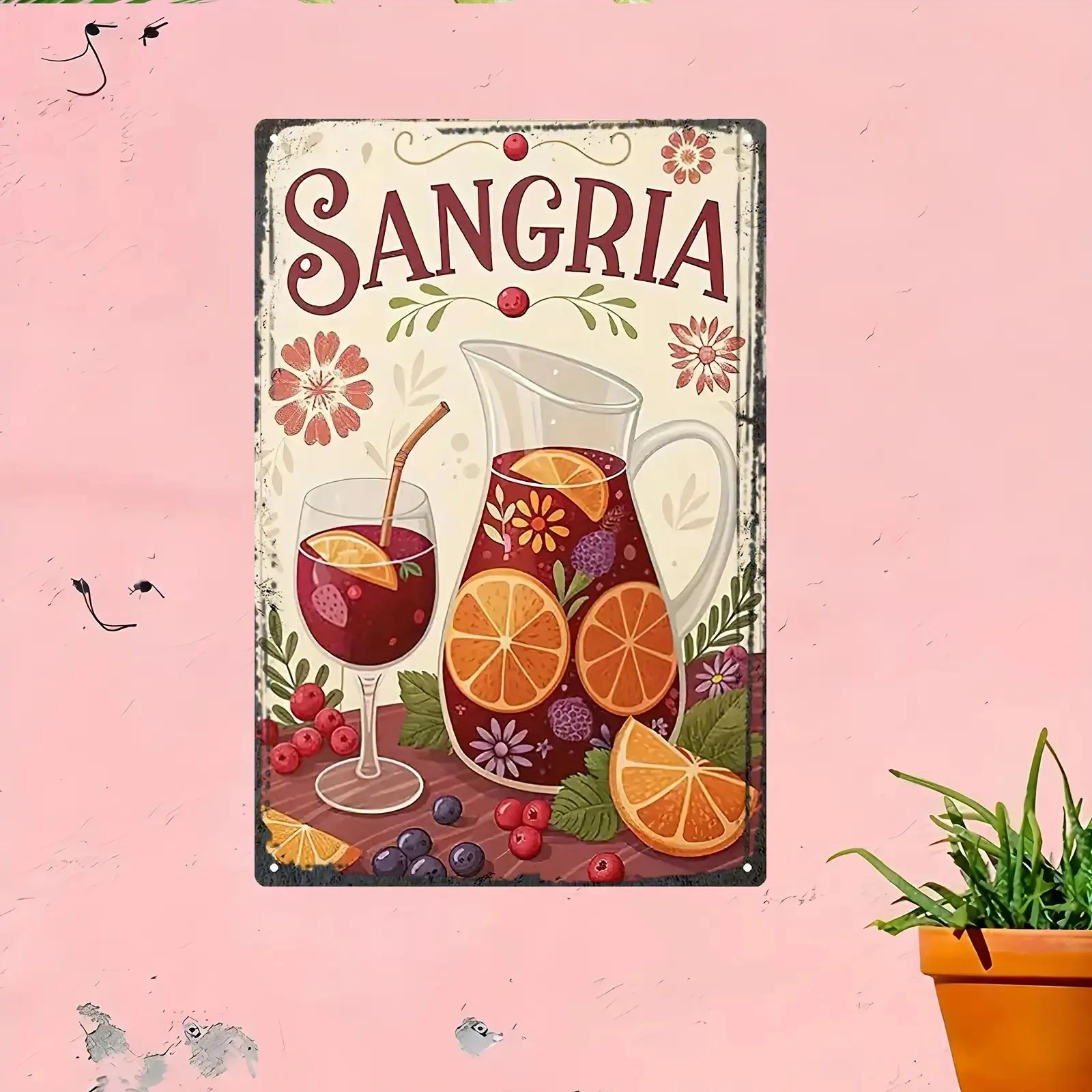 Letrero Metálico Decorativo de Pared con Diseño de Sangría Española Pintado a Mano, Plano 2D, 1 Pieza - Grande, 12x8 Pulgadas (30x20cm), Diseño Vintage de Vino, Frutas y Uvas