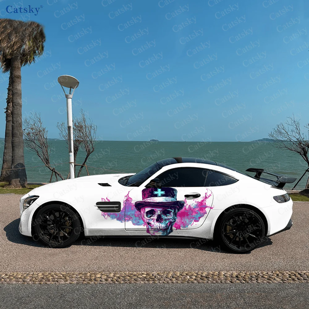 Cyber Skull Neon Hatted Car Vinyl Wraps Decal Self-adhesive PVC Sticker Suitable for Trucks SUV Decoration Auto Accessories Gift