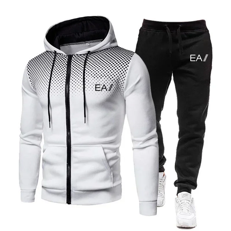 Roupas masculinas outono e inverno fitness moda lazer ao ar livre conjunto de roupas esportivas com capuz com zíper + calças de jogging conjunto de duas peças