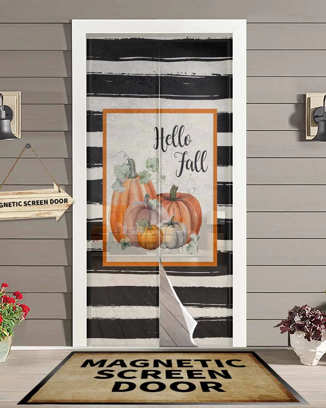 

Black Stripe Hello Fall Pumpkin Magnetic Door Curtain Living Room Bedroom Home Anti-mosquito Screen Door Curtain