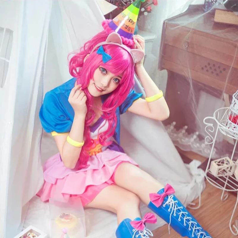 Anime Little Pony Pinkie Pie Human Cosplay Costumes Women Cute Kawaii Short Sleeve Dress Suit Halloween Carnival Party Cloth*1W@