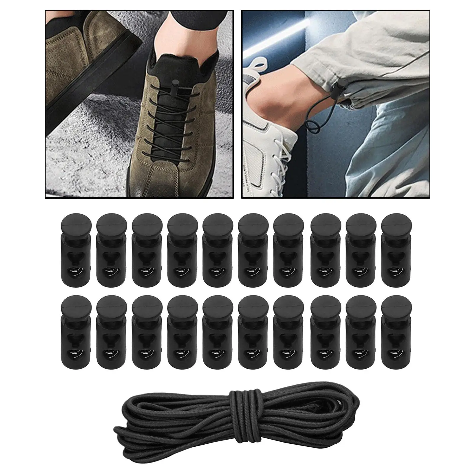 سدادات تبديل قفل الحبل البلاستيكي الأسود مع سلك بنجي مرن لأربطة الحذاء وحزام التروس الخارجية #2