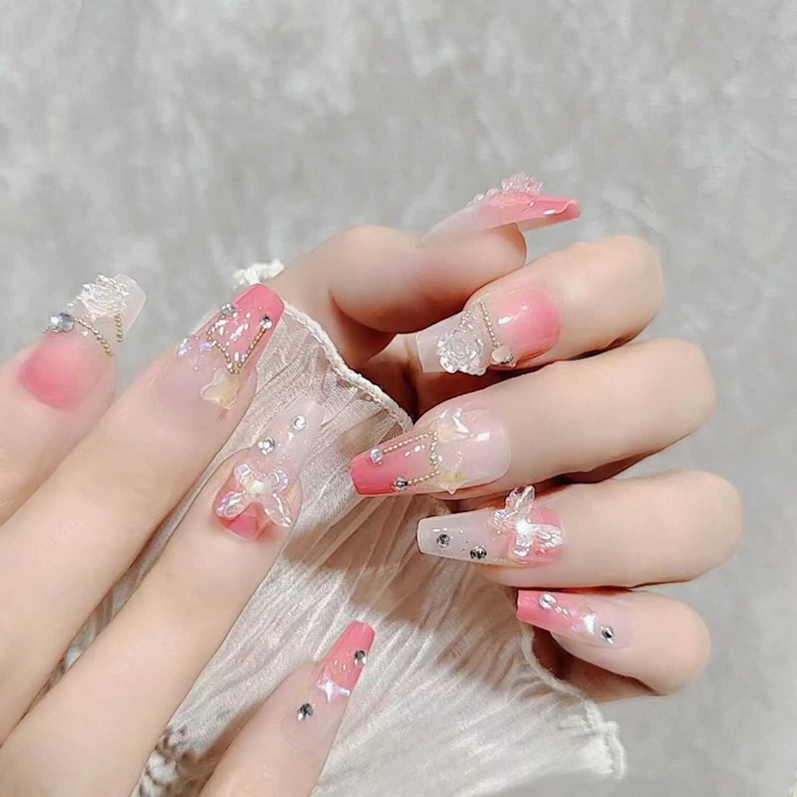 Pink False Nails with 3D Butterfly Decor Natural Unbreakable Nail Simple Wear for Women and Girl Nail Salon