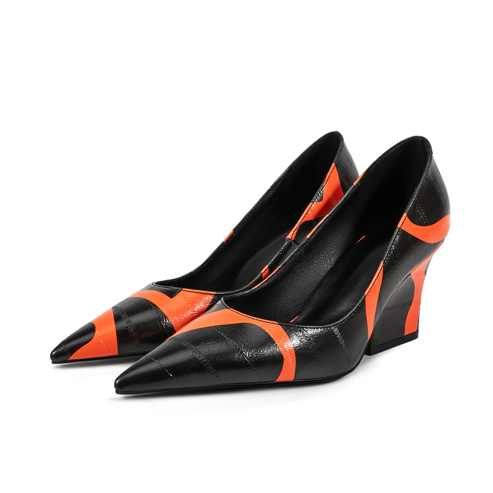 

Soft Leather Color Matching Thick Heel Pumps Pointed Toe Fashionable Large Size Shallow High Heels Black Orange Women Shoes