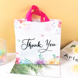 10pcs Thank You Gift Bag with Handles Plastic Floral Print Tote Bag Gift Packaging Bags Wedding Birthday Gift Favors For Guest