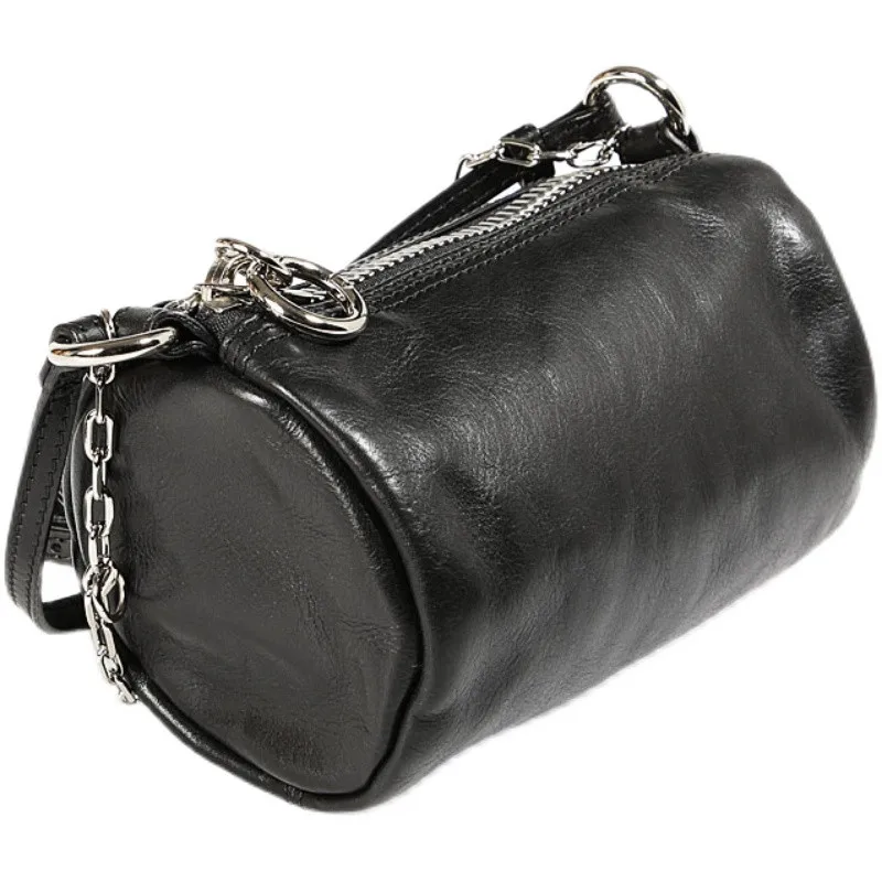 Casual natural genuine leather ladies cylinder black chain crossbody bag outdoor light real cowhide women's small shoulder bag