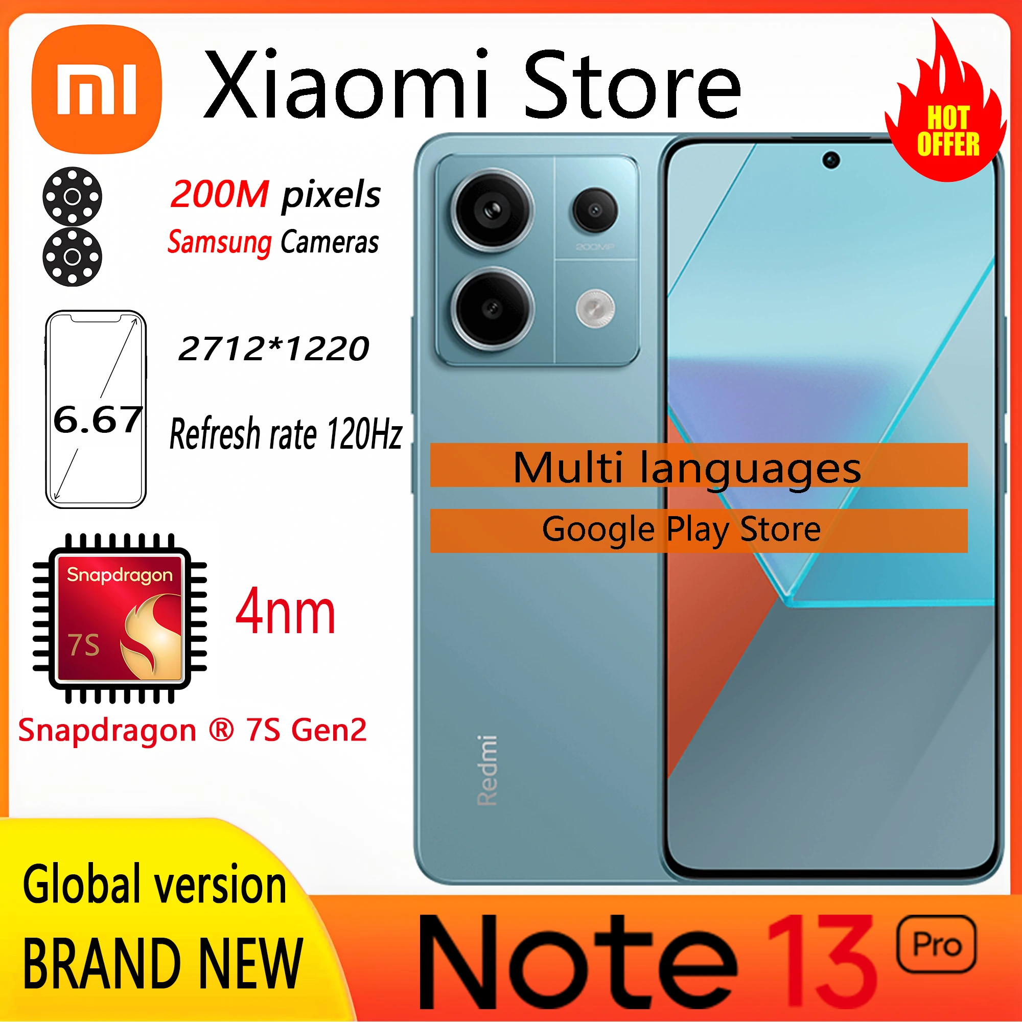 Original Xiaomi Redmi Note 13 Pro Global firmware 5G Smartphone 200MP OIS Camera Snapdragon 7s Gen 2 6.67
