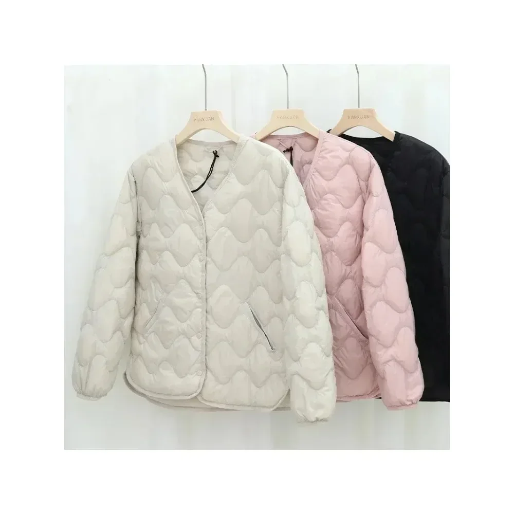 2024 New Women\'s Winter Warm Collarless Women\'s Lined Duck Down Jacket V-neck Fashion Ultra Light Quilted Down Coat Office Lady