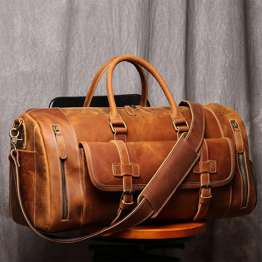 Men's Genuine Leather Travel Bag Business Handbag First Layer Cow Leather Gym Bag Leather Duffel Bag 13inch Laptop