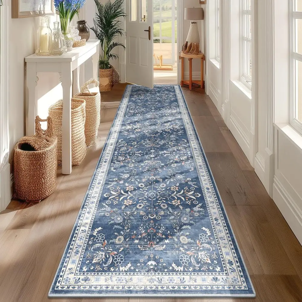 Bohemian Floral Area Rug Vintage Plant Pattern Carpet Soft Faux Cashmere Hallway Runner Machine Washable Floor Decorative Mat