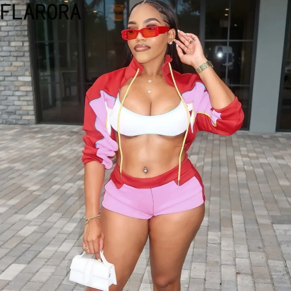 

FLARORA Fall Sporty Patchwork Two Piece Set Woman Round Nekc Long Sleeve Zipper Crop Jackets And Shorts Streetwear Tracksuits