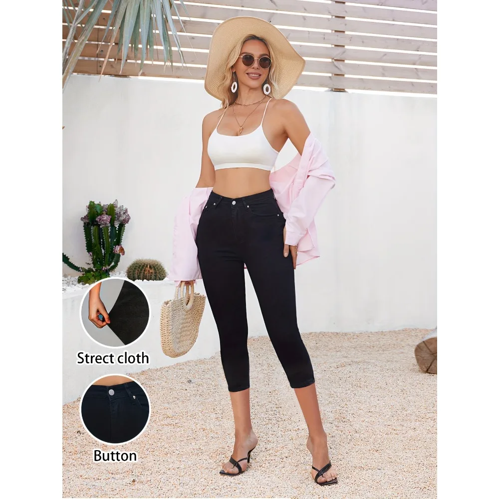 Ladies solid color cropped black jeans, casual joker jeans, slim black jeans.
