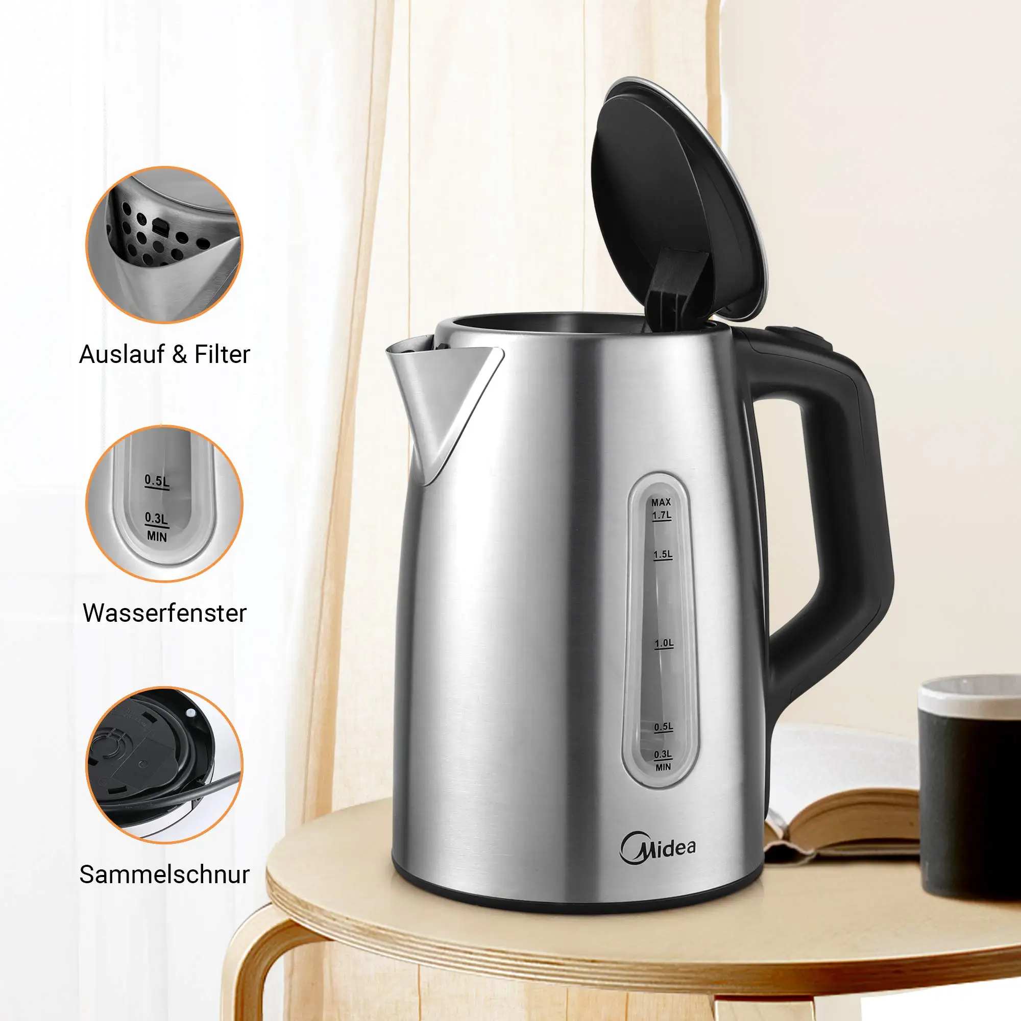 Midea Kettle with Temperature Setting (40, 60, 70, 80, 90, 100 Degree C), Stainless Steel 1.7 Litres, MKE17H1ASS-S