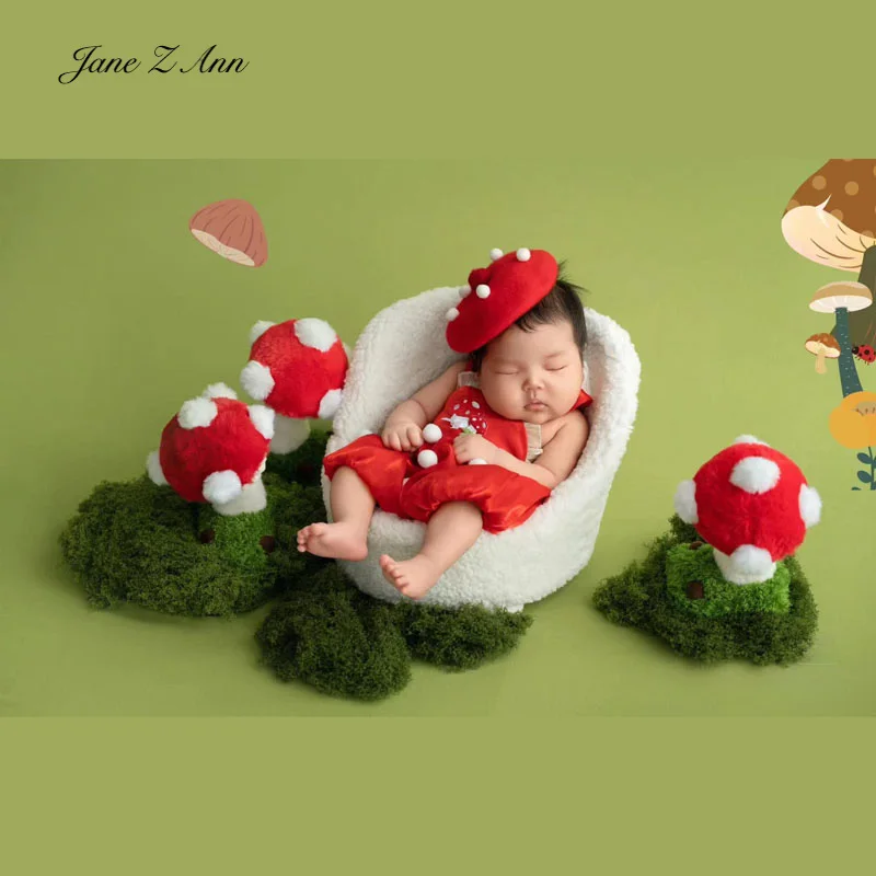 Newborn baby photo mushroom theme infant girl sweet cute hat clothes moss mushrooms props