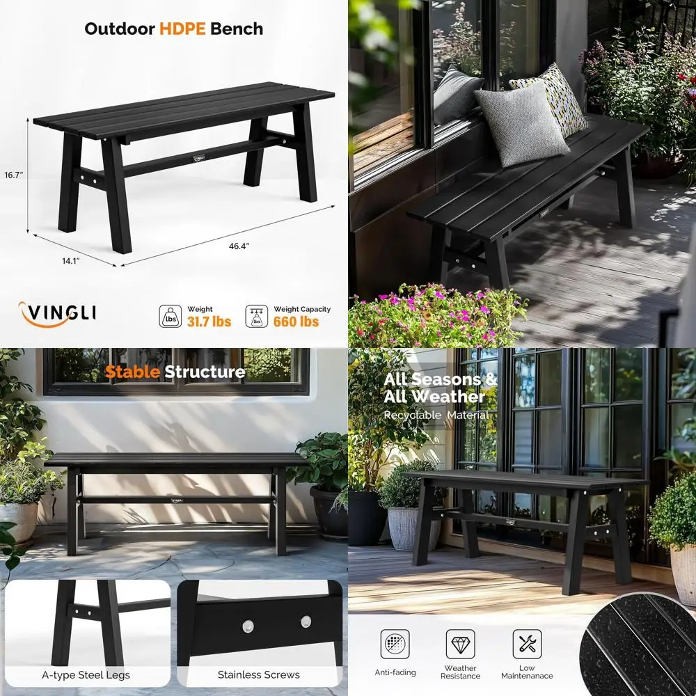 

Садовая скамейка из HDPE с металлическими ножками, устойчивая к атмосферным воздействиям, для патио или террасы (черная)