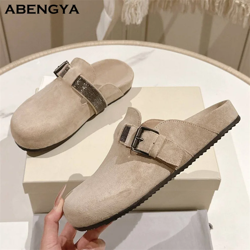Hot Sale Suede Flat Shoes Women Half slippers Designer Modern Summer Casual Party Dress Shoes Walking Beach Shoes For Women