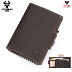 HUMERPAUL Full Grain Leather Pop-Up Credit Card Case with RFID Protection Aluminium Automatic Wallet with Banknote Compartment