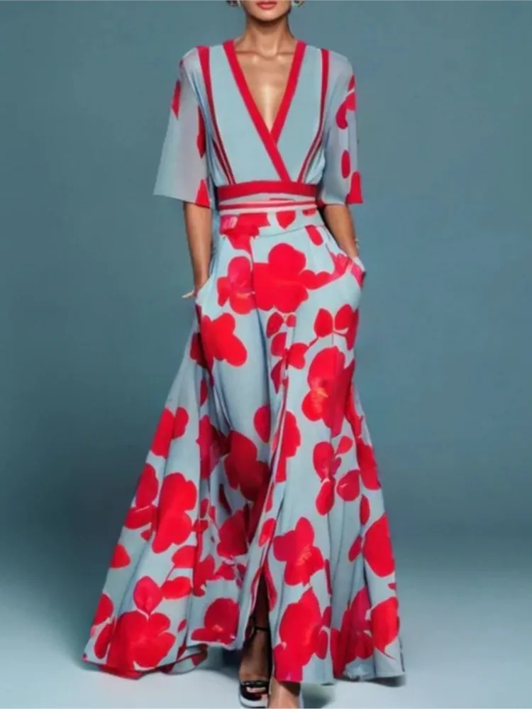 

Women Fashion 2025 Spring V Neck Belted Party Long Dress Sexy Printing A-Line Boho Dress Summer Short Sleeve Pocket Maxi Dresses