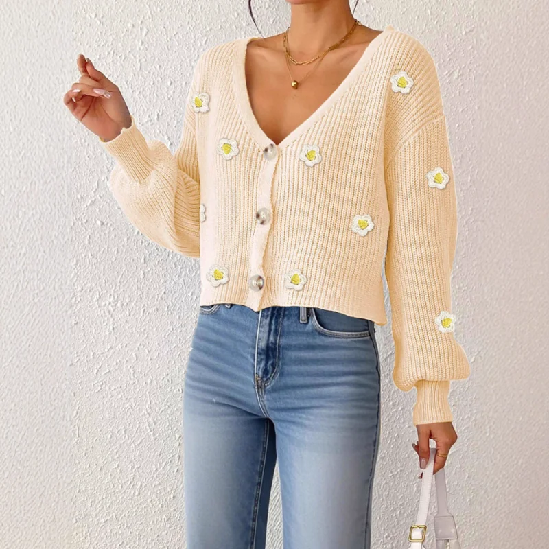 

Women's Cardigan Handhook Three-dimensional Flower Splicing Short Coat Loose Long-sleeved Sweater