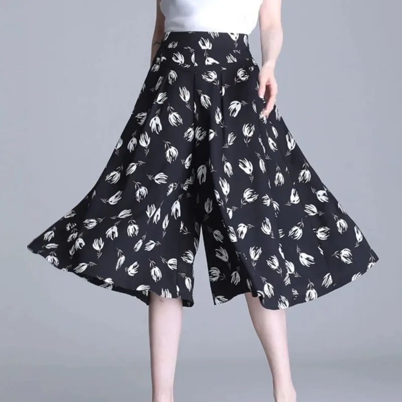 Wide Leg Chiffon Floral Print High Waist Culotte Pantalones De Mujer Summer Women Elegant Mom Skirt Pants Baggy Casual Trouser