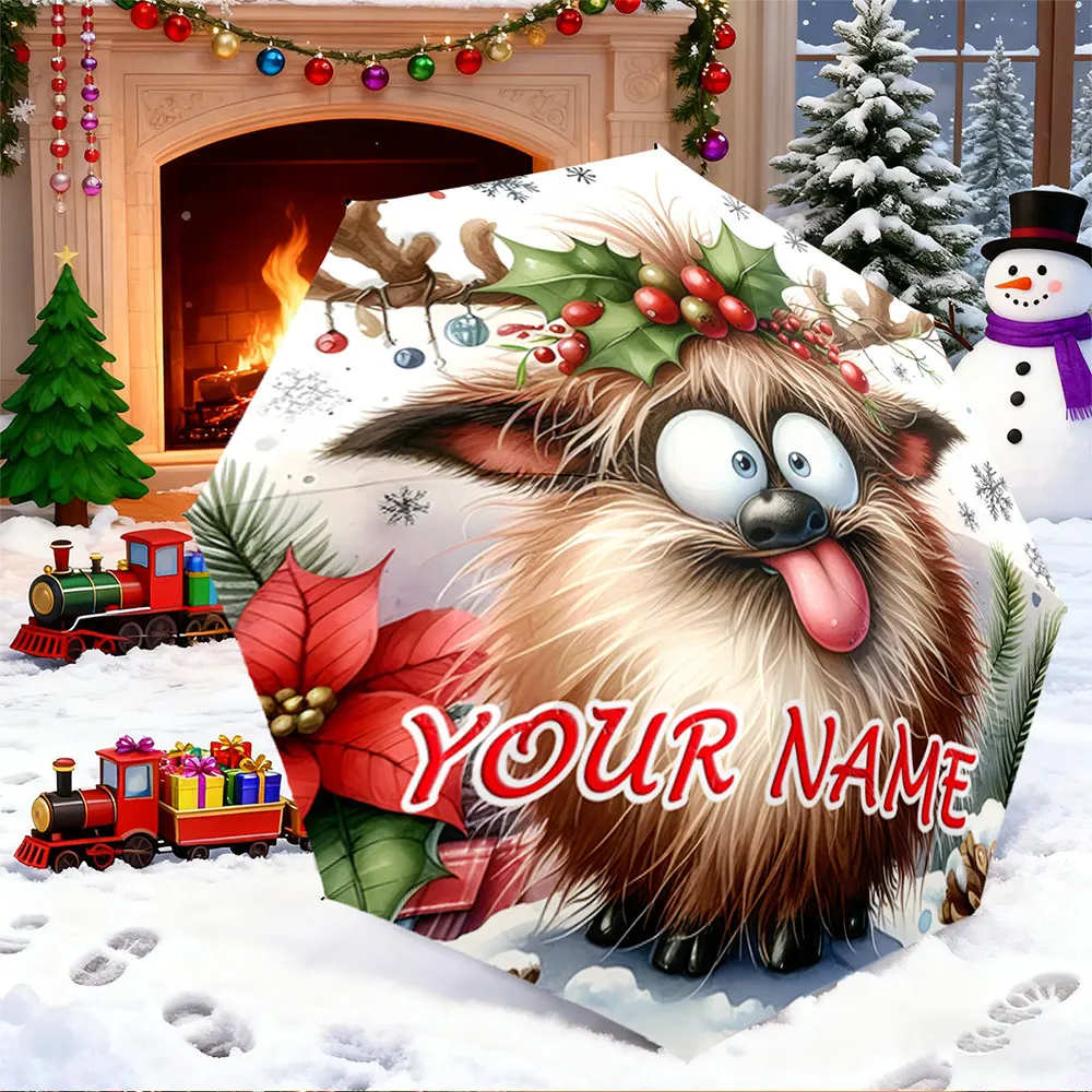 Custom Name Umbrella， Funny Christmas Reindeer Dog Print with Berries and Snowflakes ,Portable Folding Umbrella, Christmas Gift