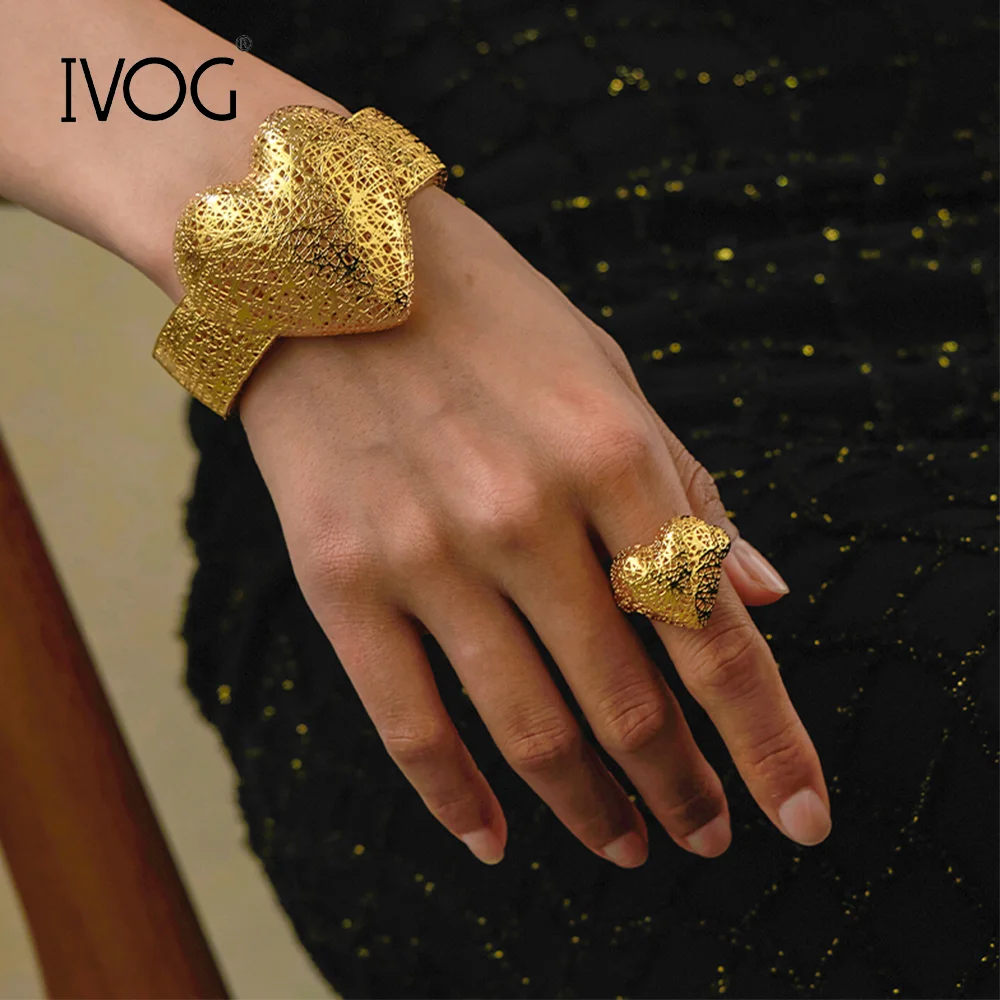 IVOG Hollow Heart Shaped Design Ring For Women Gold Color Irregular Interweaved Ring Fashion Jewelry Accessories