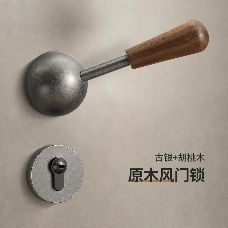 Medieval Style Ancient Silver Room Door Lock Indoor Household Bedroom Door Lock Split Magnetic Silent Door Handle