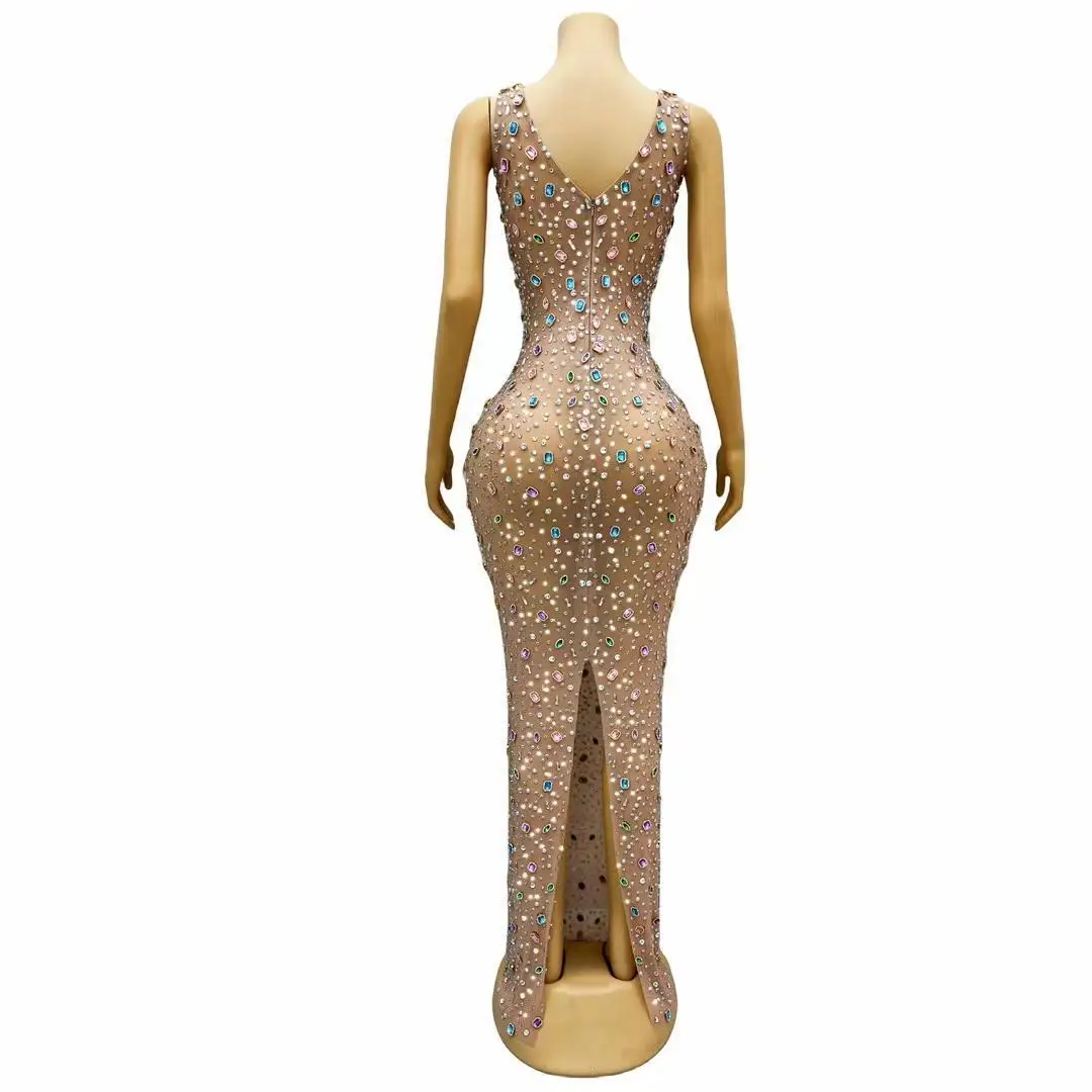 2024 Summer Colorful Rhinestones Sleeveless Dress Birthday Sexy Crystals Outfit Singer Wedding Graduation Costume Tangguo