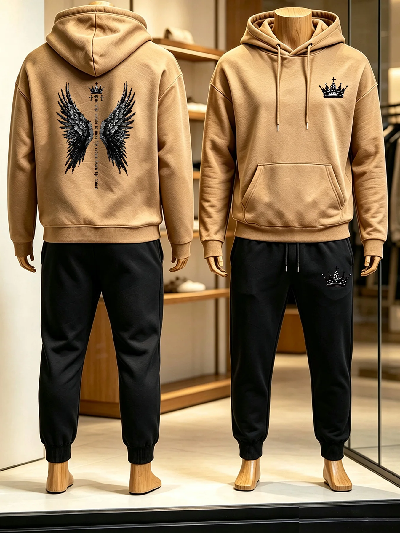 Jogger Sweatpants Men - 2026 メンズ 2ピーストラックスーツ、ダークウィングクラウンクロスグラフィックプリントフーディー＆ジョガーパンツ、日常のアウトドアに最適なトレンディなカジュアルスウェットセット