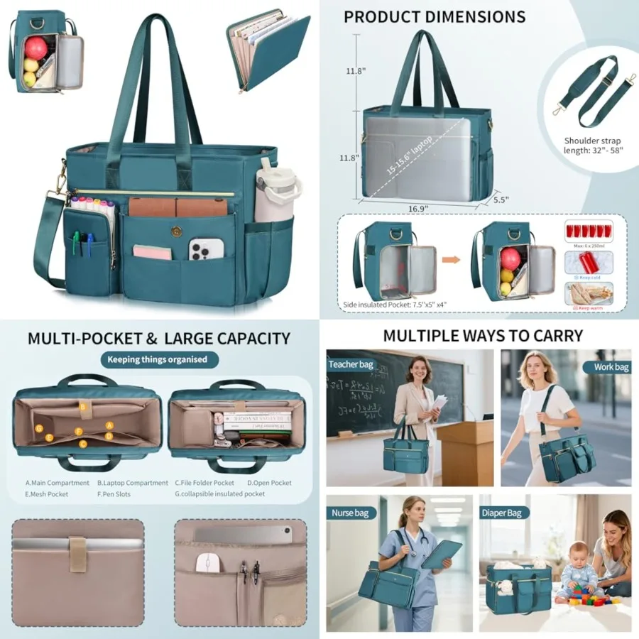 ESTARER Teacher Tote Bag for Women 2Pcs, Inch Laptop Work Bag Computer bag w/Expandable File Folder, Large Water-Resistant Mess