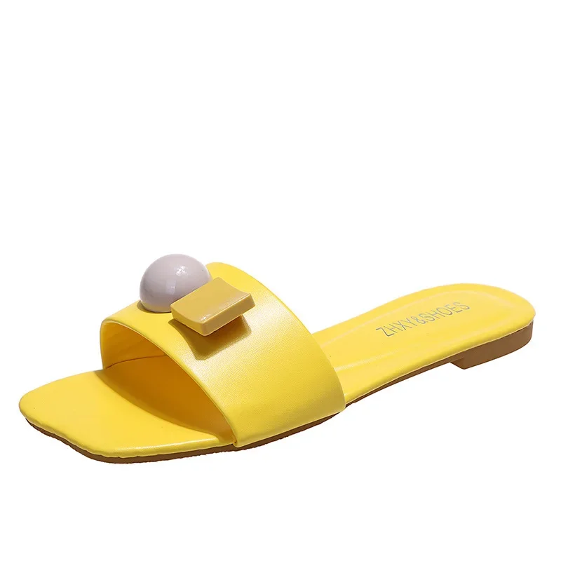 Women\'s Slides Outside Wear Ladies Slippers Bright Yellow Summer Shoes Woman Fashion Flat Bottom Square Head Female Footwear