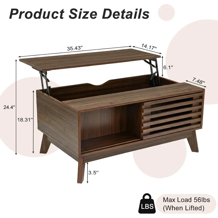 35.4'' Lift Top Coffee Table for Living Room, Walnut Wood, Brown, Large Hidden Storage Compartment