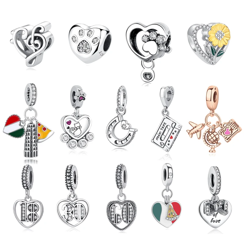 Original 925 Sterling Silver Charms Beads Love Heart Pet Pave CZ Fit Pandora Bracelets Bangles Necklaces For Women DIY Jewelry