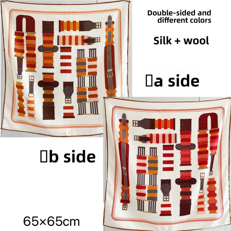 65x65cm Equestrian Belt Print Square Scarf 30% MULBERRY SILK 70% WOOL Twill Double Sided Different Color Neck Shawl Headscarf