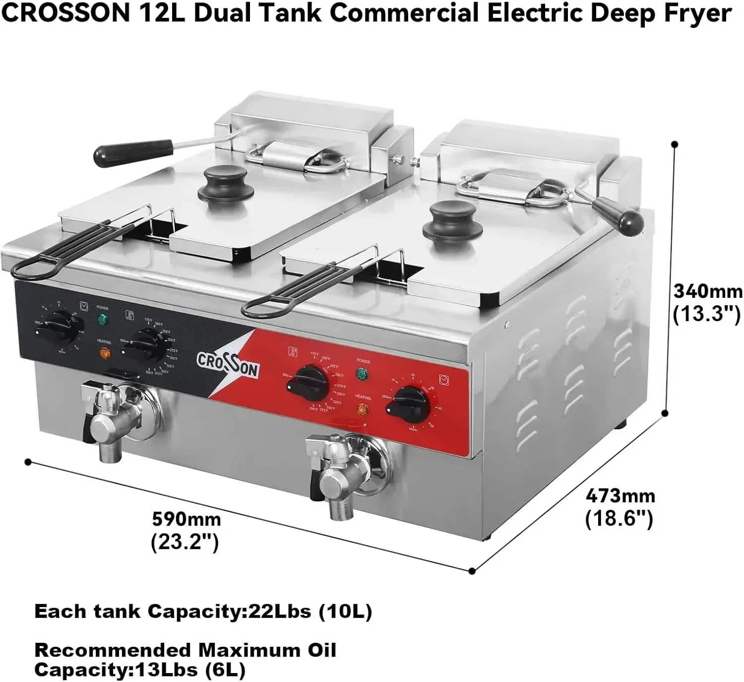 CROSSON 12L Dual Tank Countertop Electric Deep Fryer with Drain,Solid Basket and Lid for Restaurant and Home Use 120V,3600W