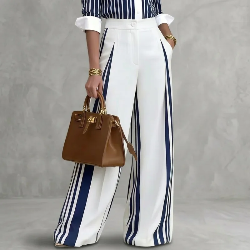 Yeezzi Women's Contrast Color Striped Wide Leg Matching Pants 2026 New Loose High Waisted Urban Formal Office Trousers Bottoms