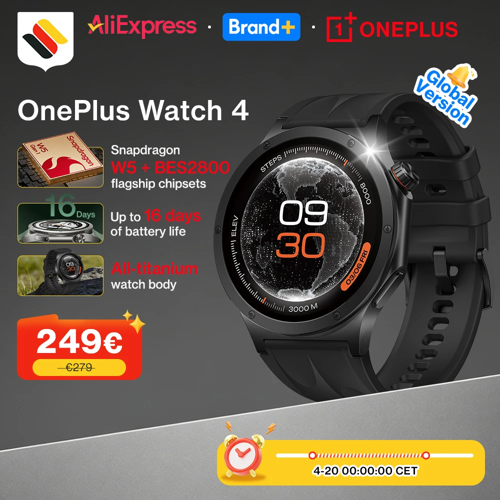 Version internationale de la montre connectée OnePlus Watch 4, écran de 1,5 pouces, Wear OS by Google, processeur Snapdragon W5, autonomie jusqu'à 16 jours, Google Wallet, Chat avec Google Gemini